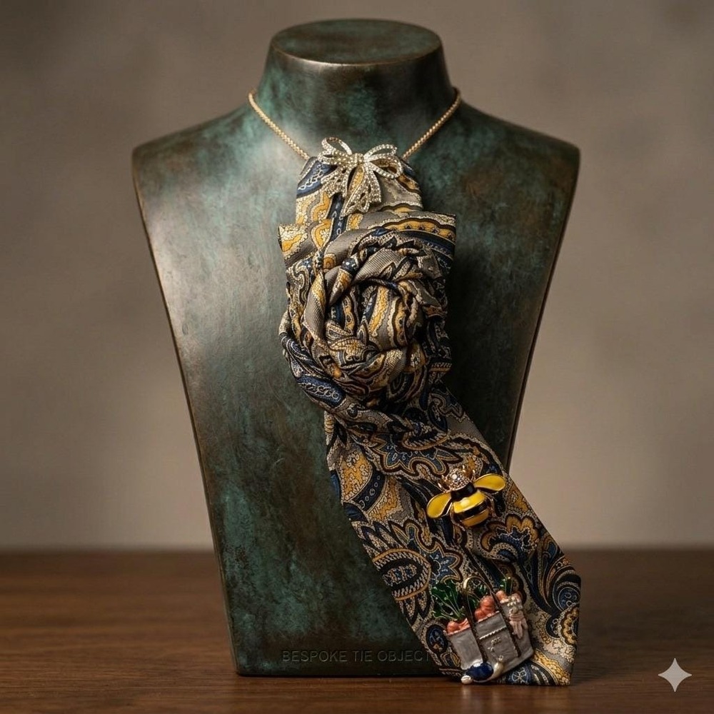 Bespoke Paisley Tie Rosette Necklace Bee Garden Charms Handmade Statement Piece